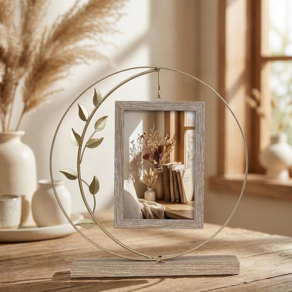 Zwevende boho-fotolijst met gouden metalen ring en bladrank | Rustiek houten onderstel bureau | Botanische fotolijst |  Housewarmingcadeau