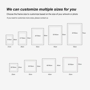 Peut inclure: Image pr&eacute;sentant diff&eacute;rentes tailles de cadres pour la personnalisation d'&oelig;uvres d'art. Les tailles incluent 16x25cm, 21x30cm, 25x35cm, 35x45cm, 45x65cm, 20x20cm, 30x30cm, 40x40cm et 50x50cm. Le texte indique : "Nous pouvons personnaliser plusieurs tailles pour vous."