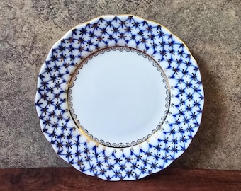 Set of 4 Vintage Lomonosov Cobalt Net Bread and Butter Plates, Imperial Porcelain Factory USSR