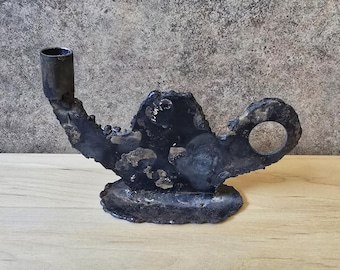 Brutalist Mid-Century Welded Metal Candle Holder, Industrial Studio Art Iron Chamberstick, Handcrafted Abstract Taper Holder
