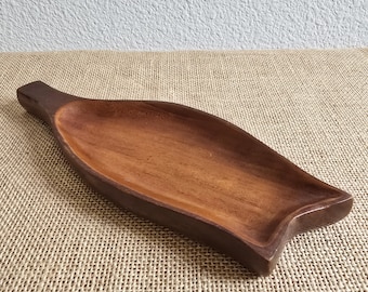 Vintage Hand-Carved Monkey Pod Wood Leaf Tray - Leaf Shaped Catchall Tray