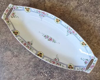 Antique Hand Painted Nippon Celery Dish, Floral Rose Pattern with Gold Trim