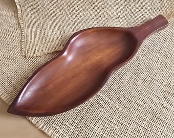 Vintage Hand Carved Monkey Pod Wood Leaf Tray Serving Dish
