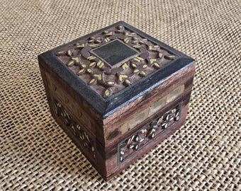 Vintage Hand-Carved Indian Wooden Jewelry Box, Small Keepsake Box with Red Velvet Lining, Boho Ethnic Decor