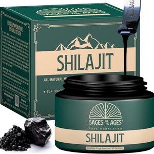 May include: A green and brown jar of Shilajit dietary supplement with a black lid. The jar is labeled "Sages of the Ages Pure Himalayan Shilajit Dietary Supplement 30 Grams". A black spoon with a dark brown liquid is pouring into the jar.