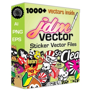 May include: A green box with the text "1000+ vectors inside" and "jdm vector" in pink and orange. The box has a variety of colorful stickers on it, including a panda, a skull, and a Hello Kitty.
