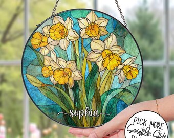 Atrapasueños de vitral con forma de narciso, flor del mes de nacimiento de marzo, ideal para amantes de las plantas, regalo para el Día de la Madre