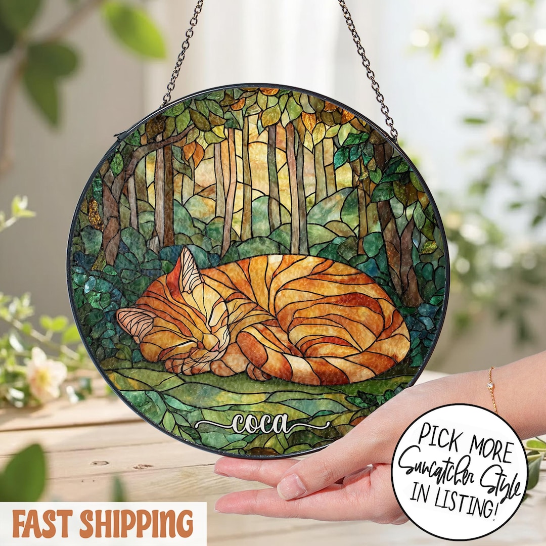 Orange Tabby Cat Sleeping Stained Glass Suncatcher, Cat Lover Gift, Cat ...