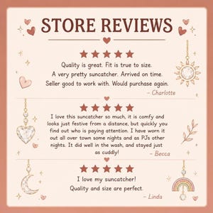 May include: A graphic display titled STORE REVIEWS featuring three five-star customer testimonials. The text is surrounded by illustrations of sun, heart, moon, rainbow, and leaf charms hanging from chains, all set against a light background.