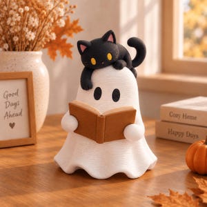 May include: A white ghost figurine with a textured surface, featuring two black oval eyes and holding an open brown book. A small black cat with yellow eyes is perched on top of the ghost. The ghost has a rounded, draped shape with a scalloped base.
