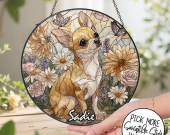 Witrażowy łapacz słońca z motywem chihuahua, dekoracja dla miłośników psów, prezent dla właścicieli psów, mama psa, prezent urodzinowy