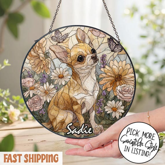 Chihuahua Stained Glass Suncatcher, Dog Lovers Decor, Cute Chihuahua Art, Animal Window Hanging, Pet Gift For Dog Owners, Mom Dog, Birthday