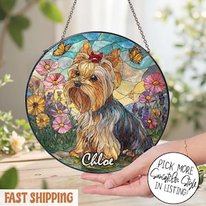 Wildflower Yorkshire Terrier Stained Glass Suncatcher, Dog Memorial, Dog Mom Gift, Dog Lover Gift