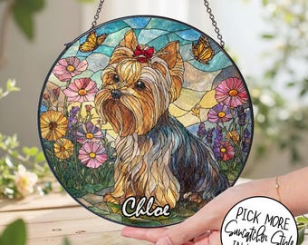 Wildflower Yorkshire Terrier glas-in-lood zonnevanger, hondengedenkteken, cadeau hond moeder, cadeau hondenliefhebber