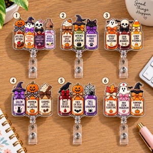 May include: Six acrylic badge reels featuring Halloween-themed potion bottle designs. Each reel displays three colorful bottles with labels referencing medications and seasonal motifs like pumpkins, ghosts, skulls, cats, and witches' hats.