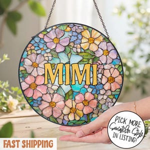 Personalized Floral Stained Glass Suncatcher for Grandma/Mimi/Nana/Gigi, Grandmother Gift from Grandkids, Birthday Gift, Mother's Day Gift