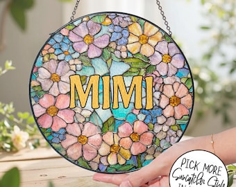 Personalized Floral Stained Glass Suncatcher for Grandma/Mimi/Nana/Gigi, Grandmother Gift from Grandkids, Birthday Gift, Mother's Day Gift