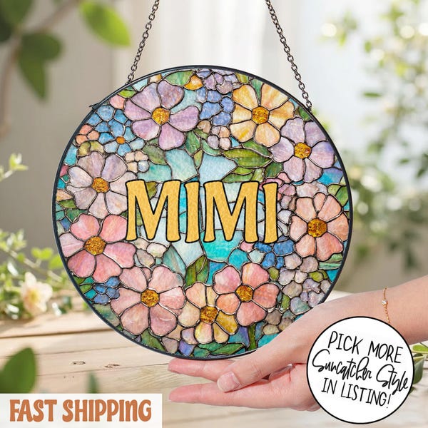 Gepersonaliseerde bloemen glas-in-lood suncatcher voor oma/mimi/nana/gigi, oma cadeau van kleinkinderen, verjaardagscadeau, Moederdagcadeau