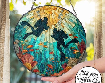 Scuba Diving Couple Glass Suncatcher: Ocean Coral Reef Ornament, Couple Gift