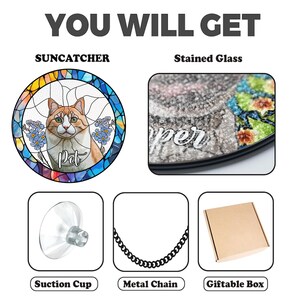 May include: A stained glass suncatcher featuring a cat with orange and white fur, surrounded by blue flowers. Includes a suction cup, metal chain, and giftable box. Text reads "YOU WILL GET".