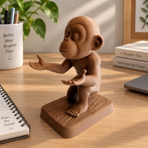 Puede incluir: Un soporte para teléfono con forma de mono marrón que presenta una figura de primate esculpida en posición de rodillas con las manos extendidas. La figura está montada sobre una base rectangular con textura de veta de madera para dispositivos.