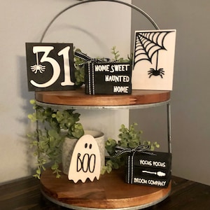 Halloween Tiered Tray Decor: Spooky Mini Signs, Rustic Farmhouse
