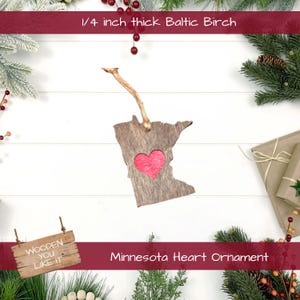 Minnesota Love Ornament: Rustic Baltic Birch Christmas Decoration