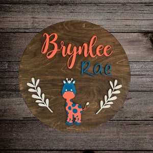 Giraffe Themed Nursery Name Sign, 24 Inch, Baby Shower, Round plaque, Personalized Wooden Sign, Crib sign, Nursery, Kids Room