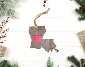 Louisiana Love Ornament, Christmas, State Ornament, Wooden Ornament, Stocking Stuffer, Housewarming, Holiday Decoration, Rustic, Country