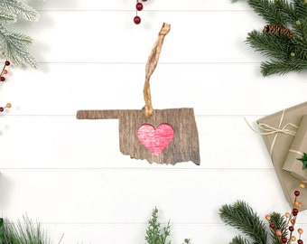 Oklahoma Love Ornament, Christmas, State Ornament, Wooden Ornament, Stocking Stuffer, Housewarming, Holiday Decoration, Rustic, Country