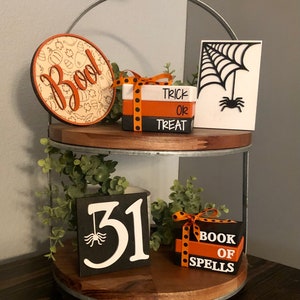 Halloween Tiered Tray Decor: Rustic Mini Wood Signs