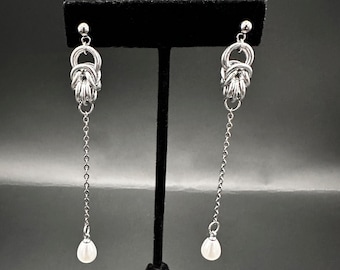 Elegant Chainmail Drop Earrings with Teardrop Pearls | Silver Dangle Earrings | Handmade Byzantine Jewelry