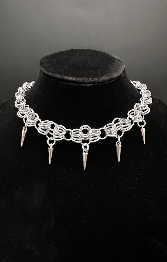Handmade Silver Chainmail Spike Necklace: Gothic Punk Choker - Etsy