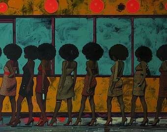 Afrocentrische popart van Afro-Amerikaanse vrouwen uit de jaren 70 met afro's die in de rij wachten om een nachtclub binnen te stappen, hoge hakken, olieverfschilderij muurkunst 019