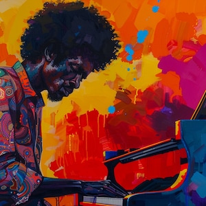 Afrocentric Pop Art of 1970s African American Man with Afro Playing Piano, Oil Painting, Instant Download, Digital File, African Art 005