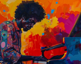 Afrocentrische pop-art van de Afro-Amerikaanse man uit de jaren 1970 met Afro-pianospelen, olieverfschilderij, Instant Download, digitaal bestand, African Art 005