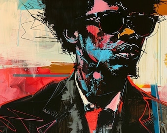 Afrocentric Pop Art of 1970s African American Man with Sunglasses and Is a Mobster Wearing Suit, Painted in Style of Jean-Michel Basquiat 26