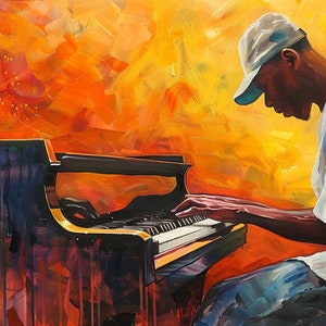 Afrocentric Pop Art of 1970s African American Man with Afro Playing Piano, Oil Painting, Instant Download, Digital File, African Art 006
