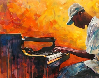 Afrocentric Pop Art of 1970s African American Man with Afro Playing Piano, Oil Painting, Instant Download, Digital File, African Art 006