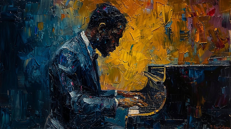 Op de afbeelding: Een schilderij van een man die een zwarte vleugelpiano bespeelt. De man draagt een blauw pak en is geconcentreerd op het bespelen van de piano. De achtergrond is een abstract ontwerp in geel en blauw.