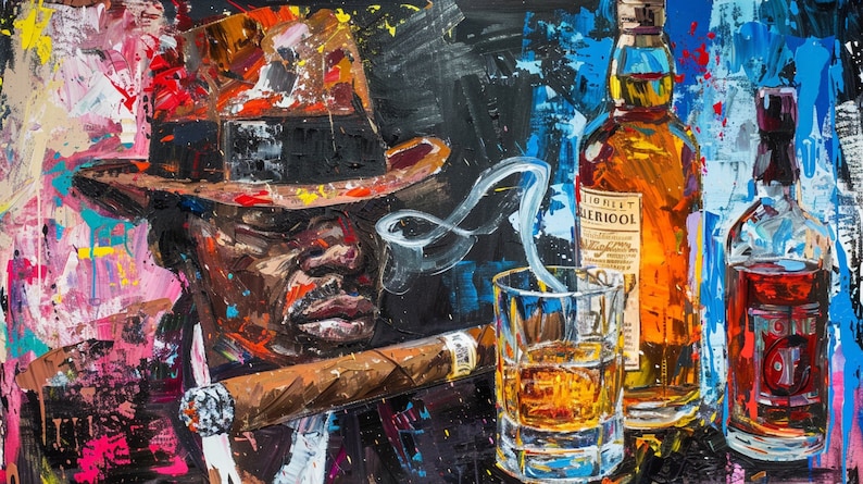 Arte pop afrocéntrico de botella de whisky y cigarro, pintura al óleo, pintado al estilo de Jean-Michel Basquiat, arte digital Descarga instantánea 009 imagen 1
