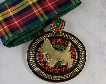 Bold Jeweled and Enameled Vintage Bronze with Tartan Sash OOAK Scottie Pendant - 314s