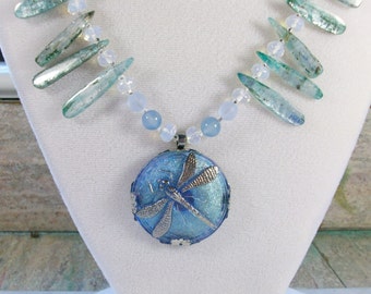 Blue Dragonfly, Moon, Stars, Kyanite, Opalite, Chalcedony and Sea Glass OOAK Scottie Fairy Necklace - 339s