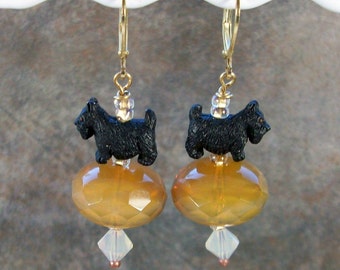 Desert Sand Opal Swarovski Crystal and Gold OOAK Artisan Scottie Dangle Earrings - E-211s