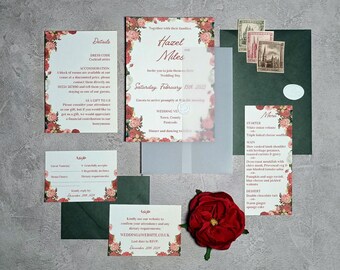 Puede incluir: Conjunto de invitaciones de boda con detalles florales. Incluye invitación, tarjeta de confirmación, menú y tarjetas de detalles. La invitación presenta los nombres "Hazel Miles" y la fecha de la boda. Una gran rosa roja está en la parte inferior.