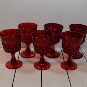 Vintage Arlington Ruby Red Thumbprint Pedestal Drinking Glasses, Set of 6