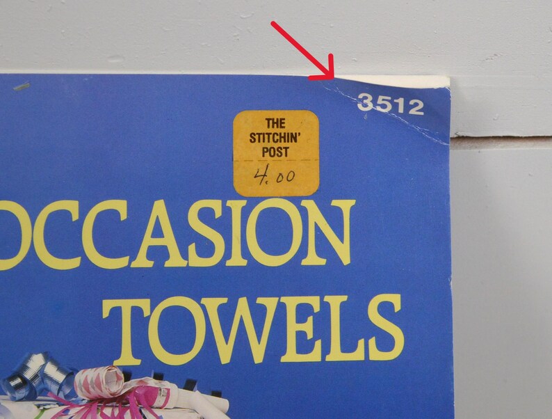 May include: A blue background with the words "OCCASION TOWELS" in yellow. A yellow sticker reads "THE STITCHIN' POST" and "4.00". The number "3512" is printed in the upper right corner.