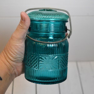 Vintage Avon Turquoise Embossed Glass Canister Jar image 6
