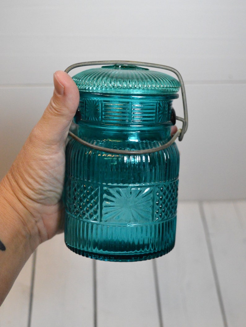 Vintage Avon Turquoise Embossed Glass Canister Jar image 6