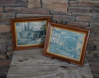 Vintage Kitchen Scene, Framed Pictures, Set of 2